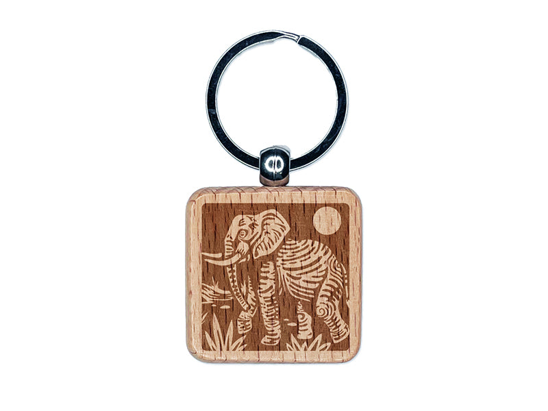 African Elephant Engraved Wood Square Keychain Tag Charm