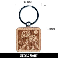 African Elephant Engraved Wood Square Keychain Tag Charm