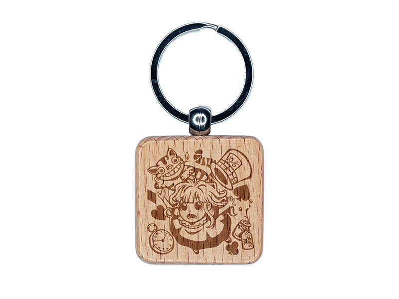 Alice's Adventures in Wonderland Engraved Wood Square Keychain Tag Charm
