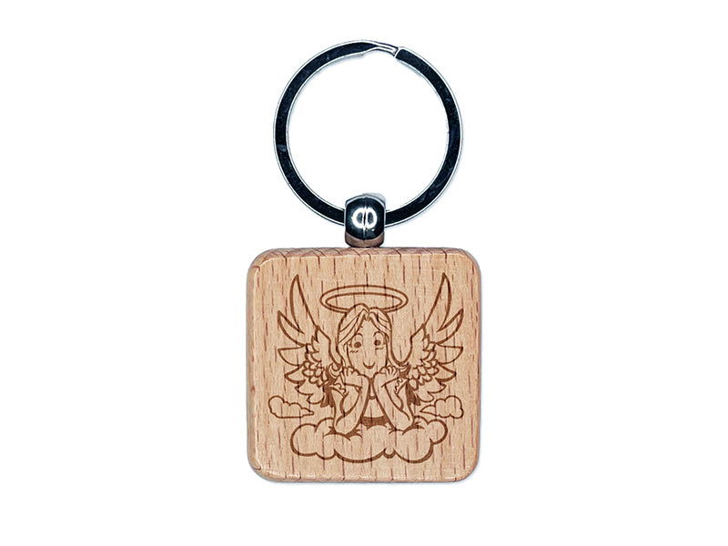 Angel Looking Down from Clouds Engraved Wood Square Keychain Tag Charm