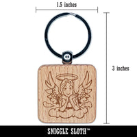 Angel Looking Down from Clouds Engraved Wood Square Keychain Tag Charm