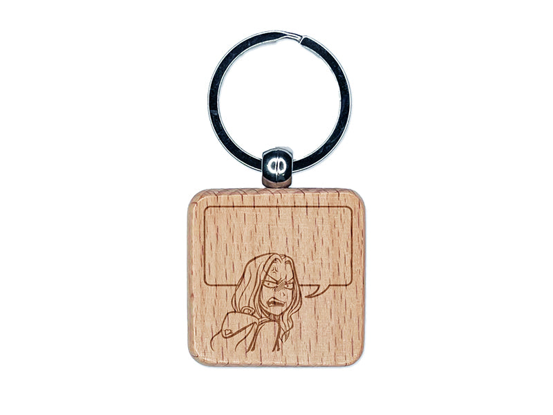 Angry Anime Manga Girl with Empty Speech Bubble Engraved Wood Square Keychain Tag Charm