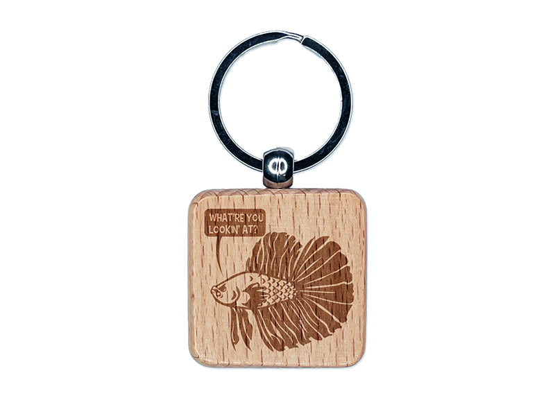 Angry Betta Fish Looking to Start Fight Engraved Wood Square Keychain Tag Charm