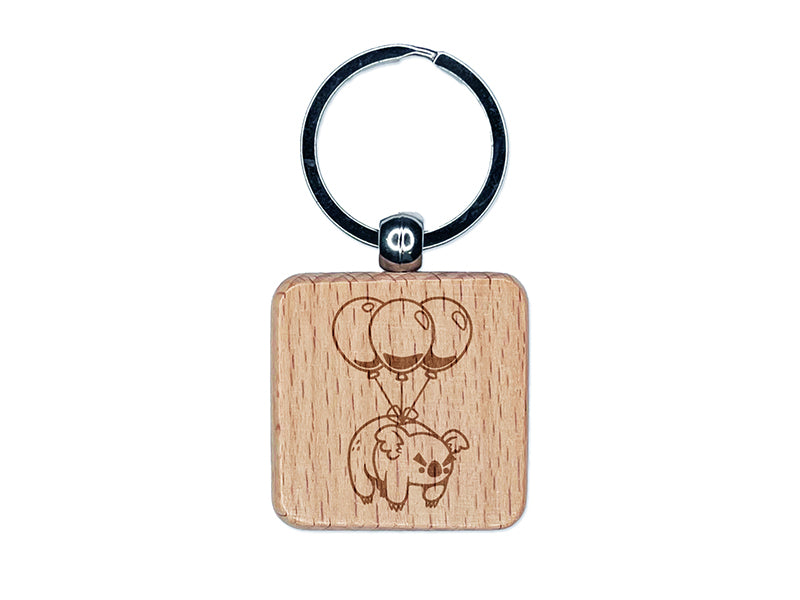 Angry Koala Drop Bear with Balloons Engraved Wood Square Keychain Tag Charm