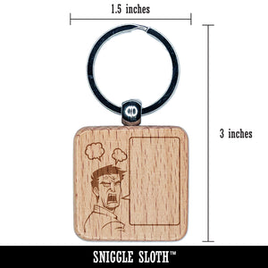 Angry Manga Man With Empty Speech Bubble Engraved Wood Square Keychain Tag Charm