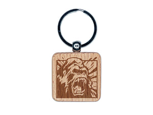 Angry Roaring Silverback Gorilla Engraved Wood Square Keychain Tag Charm