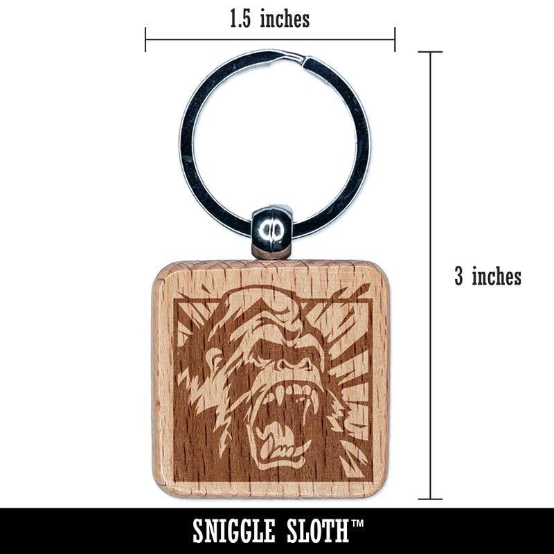 Angry Roaring Silverback Gorilla Engraved Wood Square Keychain Tag Charm