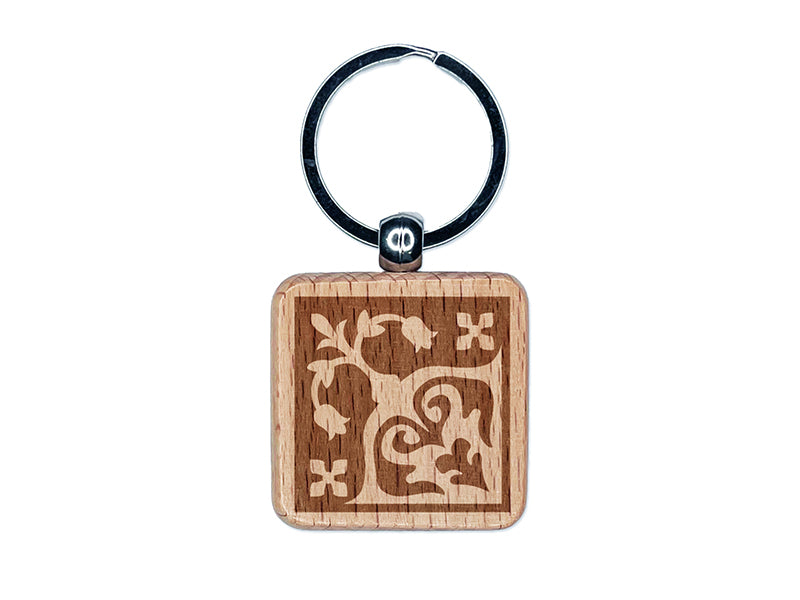 Arabesque Floral Corner Pattern Tile Engraved Wood Square Keychain Tag Charm