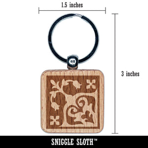 Arabesque Floral Corner Pattern Tile Engraved Wood Square Keychain Tag Charm