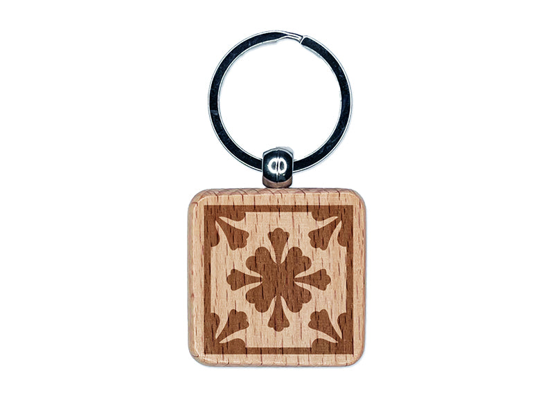 Arabesque Floral Pattern Tile Engraved Wood Square Keychain Tag Charm