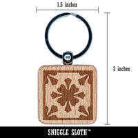 Arabesque Floral Pattern Tile Engraved Wood Square Keychain Tag Charm