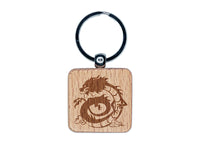 Asian Dragon Floating in Clouds Engraved Wood Square Keychain Tag Charm