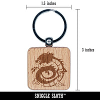 Asian Dragon Floating in Clouds Engraved Wood Square Keychain Tag Charm