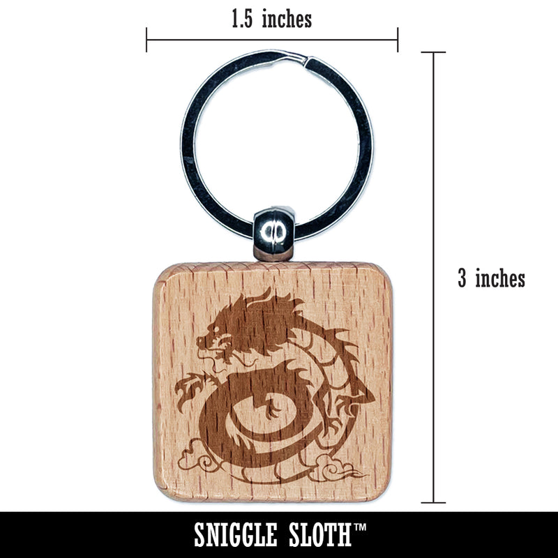 Asian Dragon Floating in Clouds Engraved Wood Square Keychain Tag Charm