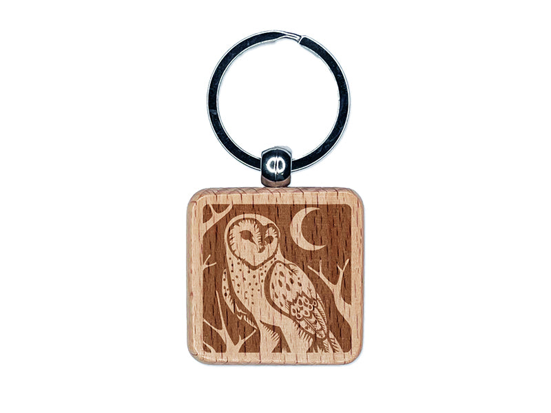 Barn Owl Standing in the Night Engraved Wood Square Keychain Tag Charm
