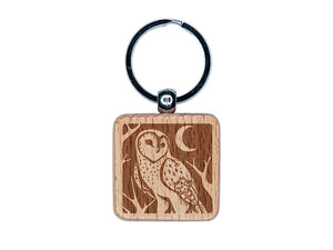 Barn Owl Standing in the Night Engraved Wood Square Keychain Tag Charm