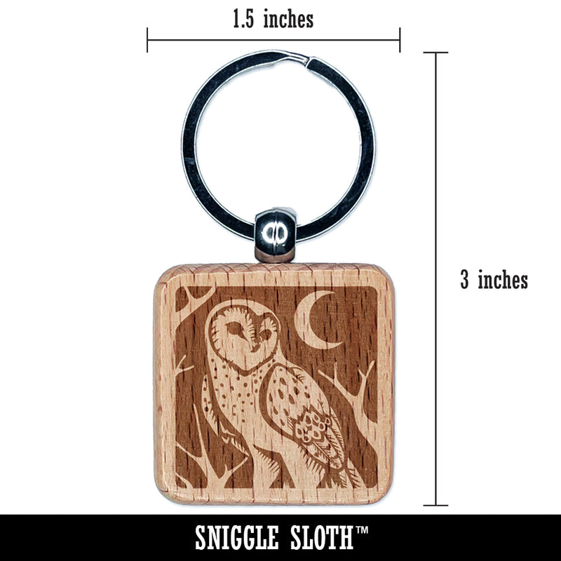 Barn Owl Standing in the Night Engraved Wood Square Keychain Tag Charm