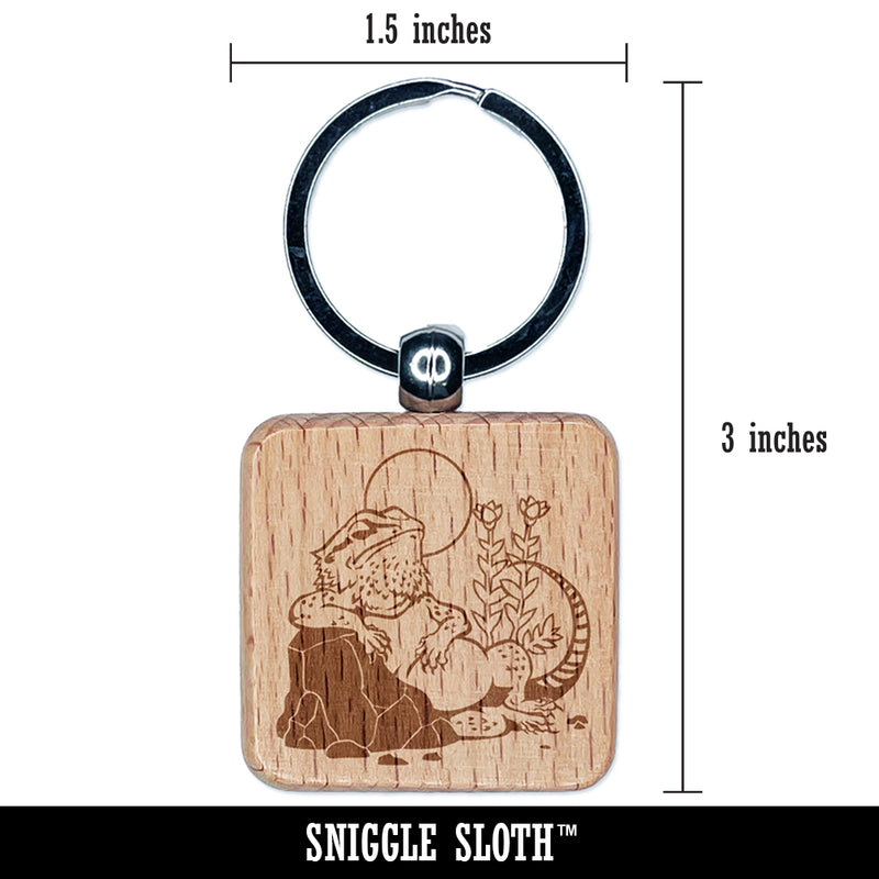 Bearded Dragon Lazy Lizard Engraved Wood Square Keychain Tag Charm