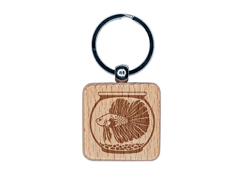 Betta in Fish Bowl Aquarium Engraved Wood Square Keychain Tag Charm