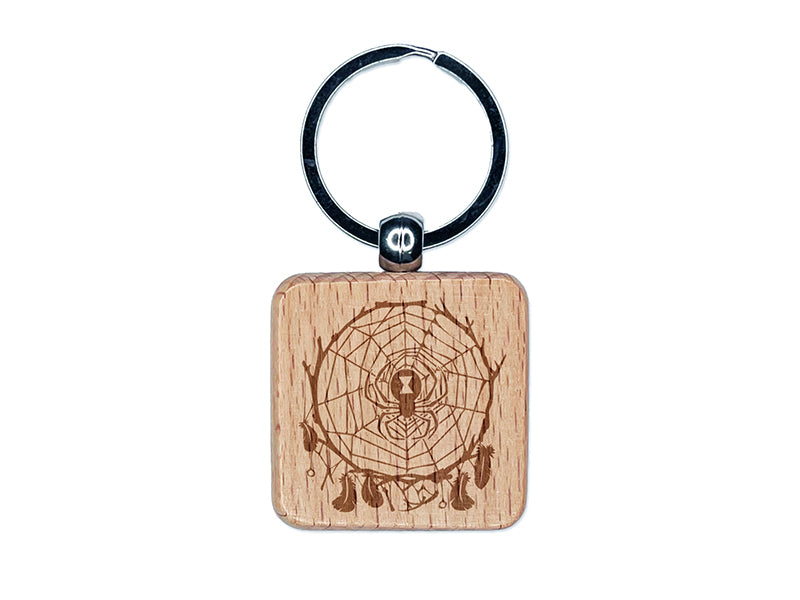 Black Widow Spider Web Dream Catcher Engraved Wood Square Keychain Tag Charm