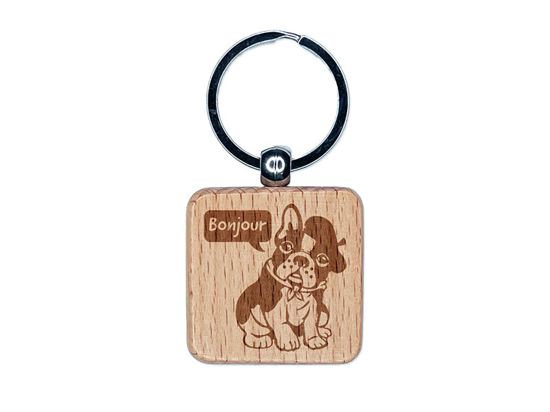Bonjour French Bulldog with Beret and Bandana Engraved Wood Square Keychain Tag Charm