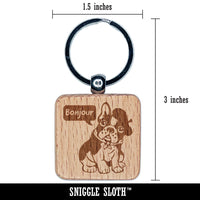 Bonjour French Bulldog with Beret and Bandana Engraved Wood Square Keychain Tag Charm