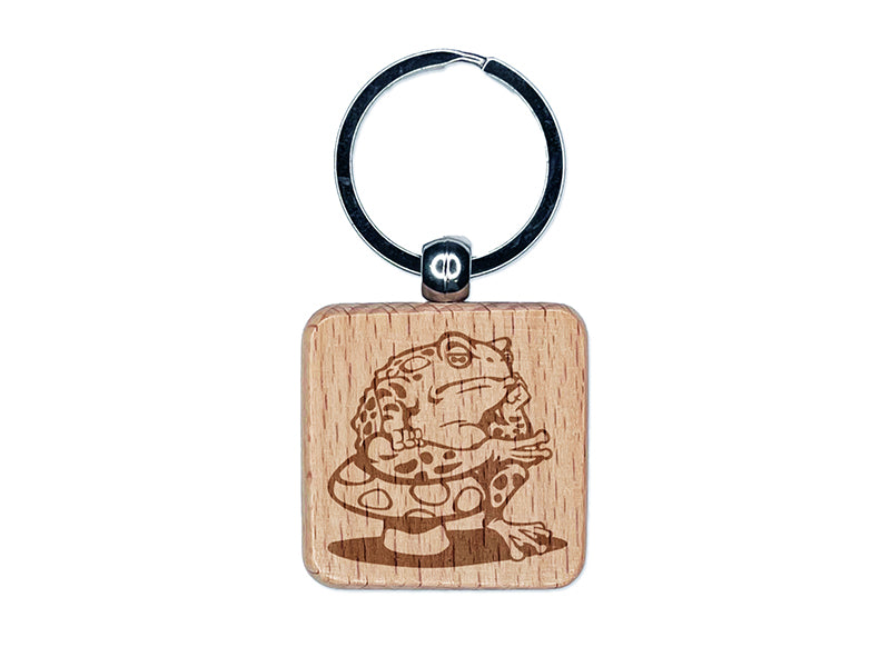 Bored Toad Frog on Toadstool Mushroom Engraved Wood Square Keychain Tag Charm