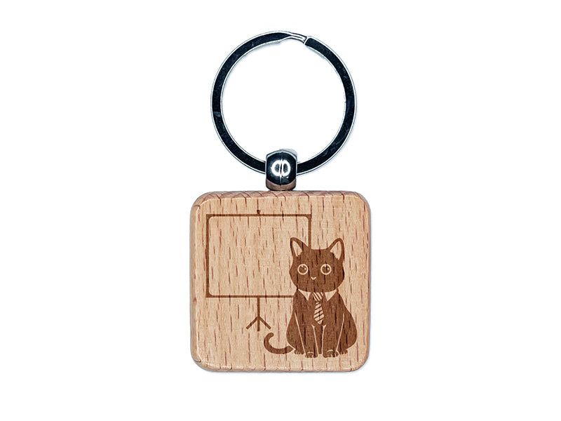 Business Cat with Blank Presentation Board Engraved Wood Square Keychain Tag Charm