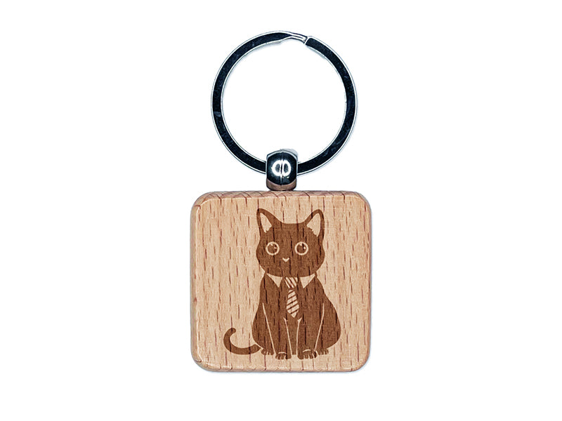 Business Cat with Tie Engraved Wood Square Keychain Tag Charm