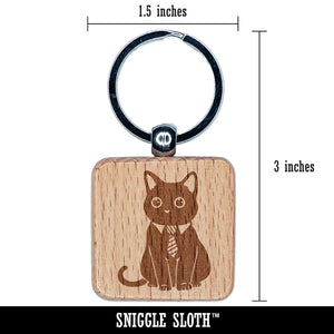 Business Cat with Tie Engraved Wood Square Keychain Tag Charm