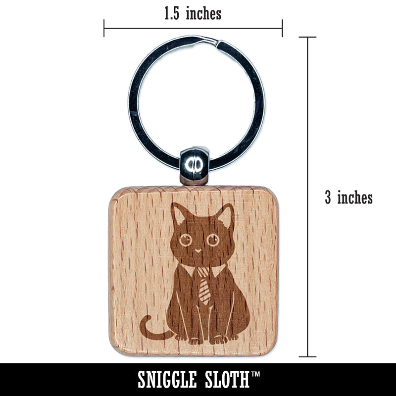 Business Cat with Tie Engraved Wood Square Keychain Tag Charm