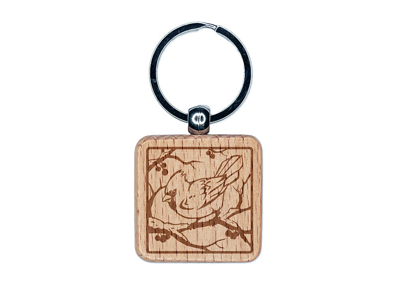 Cardinal Bird on Snowy Branch Engraved Wood Square Keychain Tag Charm