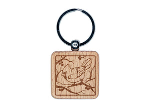 Cardinal Bird on Snowy Branch Engraved Wood Square Keychain Tag Charm