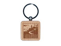 Castle Dracula Transylvania Destination Stamp Engraved Wood Square Keychain Tag Charm