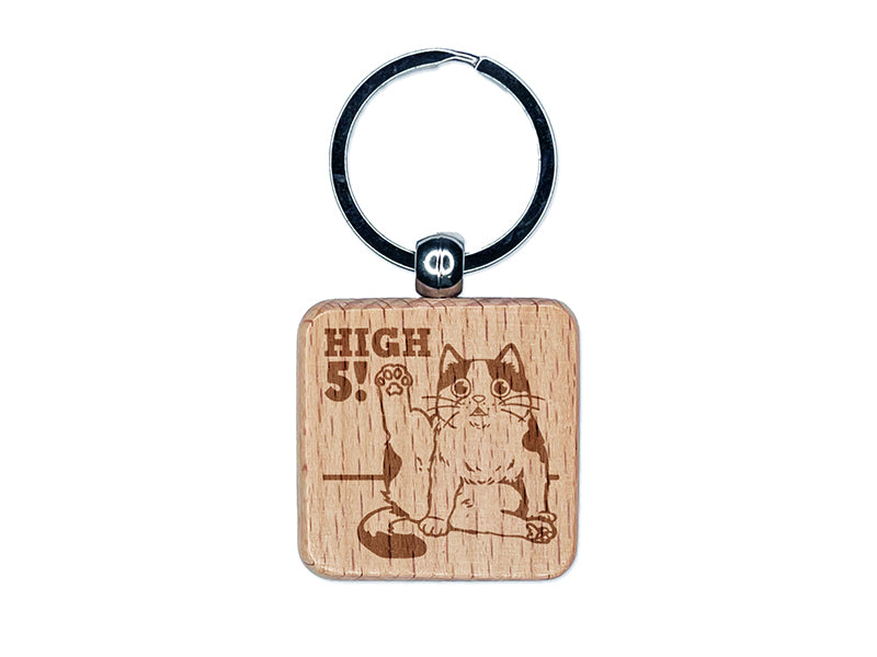 Cat Stretching Leg High Five Engraved Wood Square Keychain Tag Charm