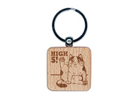 Cat Stretching Leg High Five Engraved Wood Square Keychain Tag Charm