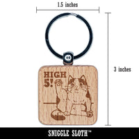 Cat Stretching Leg High Five Engraved Wood Square Keychain Tag Charm