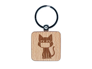 Cat with Mask Judging You Engraved Wood Square Keychain Tag Charm