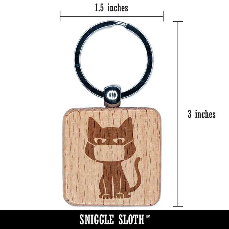 Cat with Mask Judging You Engraved Wood Square Keychain Tag Charm