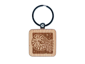 Chambered Nautilus Sea Ocean Creature Engraved Wood Square Keychain Tag Charm