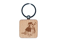 Christmas Caroler Song Bird Robin Engraved Wood Square Keychain Tag Charm