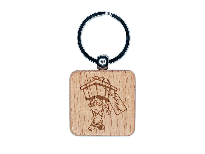 Christmas Elf with a Gift for You Engraved Wood Square Keychain Tag Charm