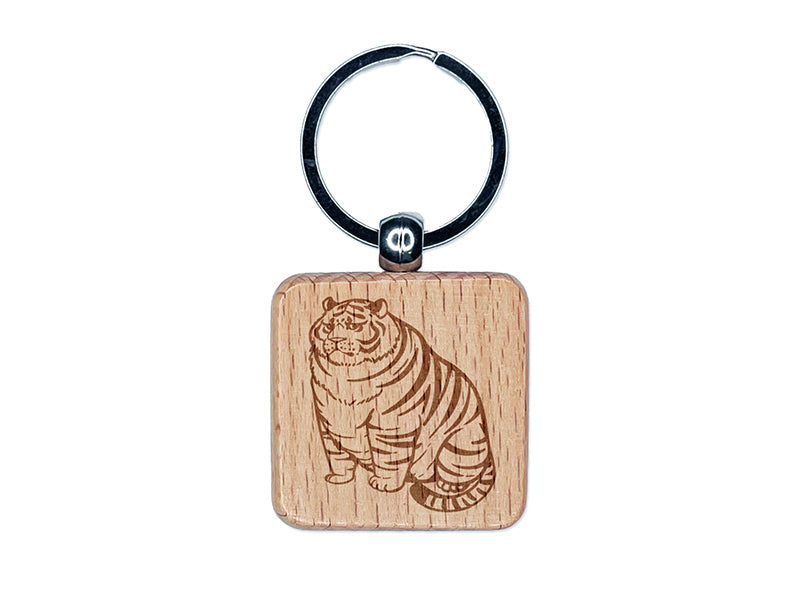 Chubby Fat Tiger Engraved Wood Square Keychain Tag Charm
