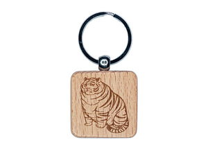 Chubby Fat Tiger Engraved Wood Square Keychain Tag Charm