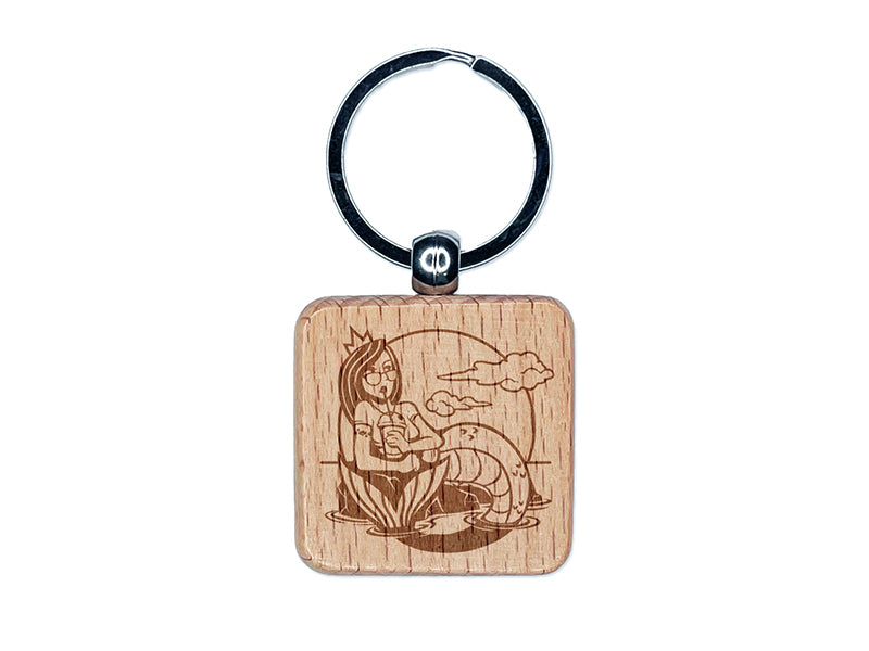 Coffee Drinking Hipster Mermaid Engraved Wood Square Keychain Tag Charm