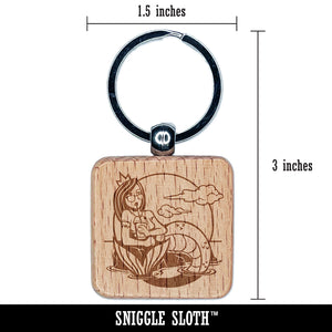 Coffee Drinking Hipster Mermaid Engraved Wood Square Keychain Tag Charm