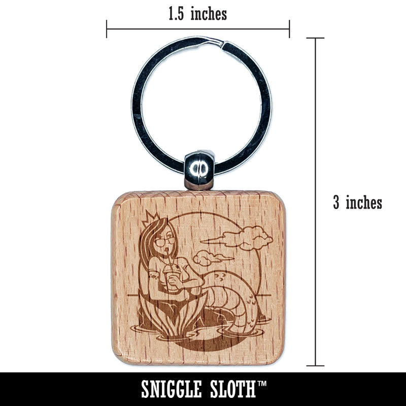 Coffee Drinking Hipster Mermaid Engraved Wood Square Keychain Tag Charm