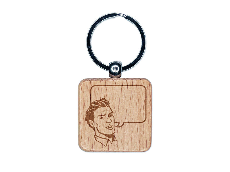 Comic Man with Empty Callout Text Speech Bubble Engraved Wood Square Keychain Tag Charm