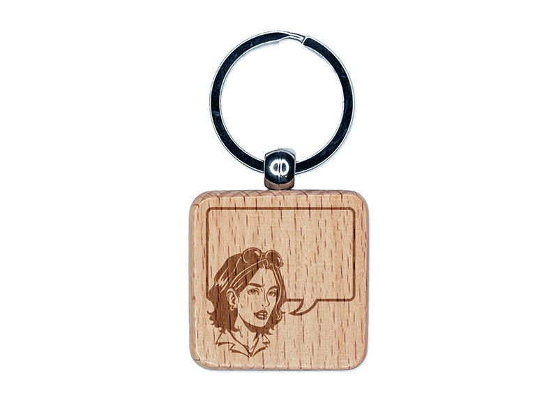 Comic Woman with Empty Text Speech Bubble Engraved Wood Square Keychain Tag Charm