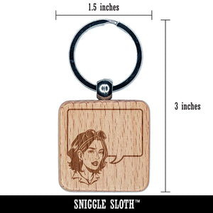 Comic Woman with Empty Text Speech Bubble Engraved Wood Square Keychain Tag Charm